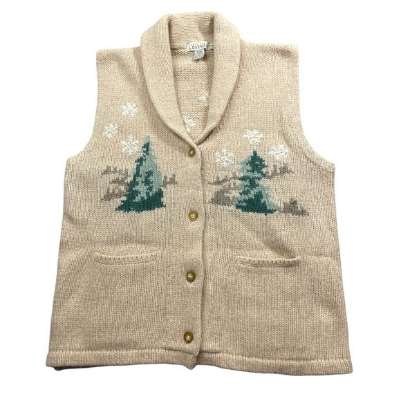 Eddie Bauer Legends Large Embroidered Beige Vest Collar Wool Blend Button Up - Picture 1 of 5